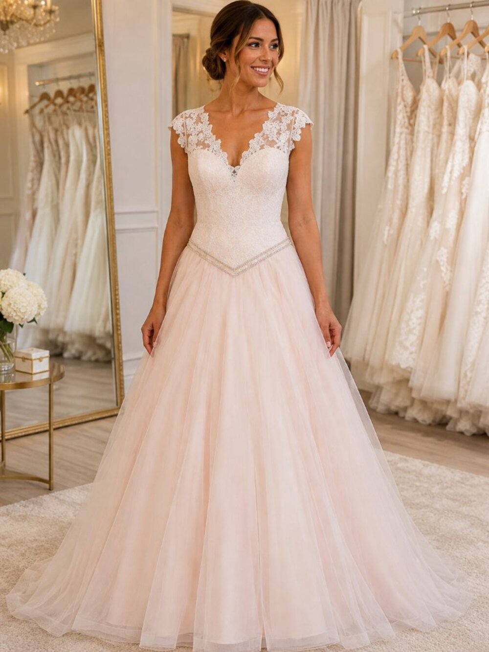 Moda Bella by Mary’s Bridal Pink Blush Lace Tulle Wedding Dress Size 6 NWT